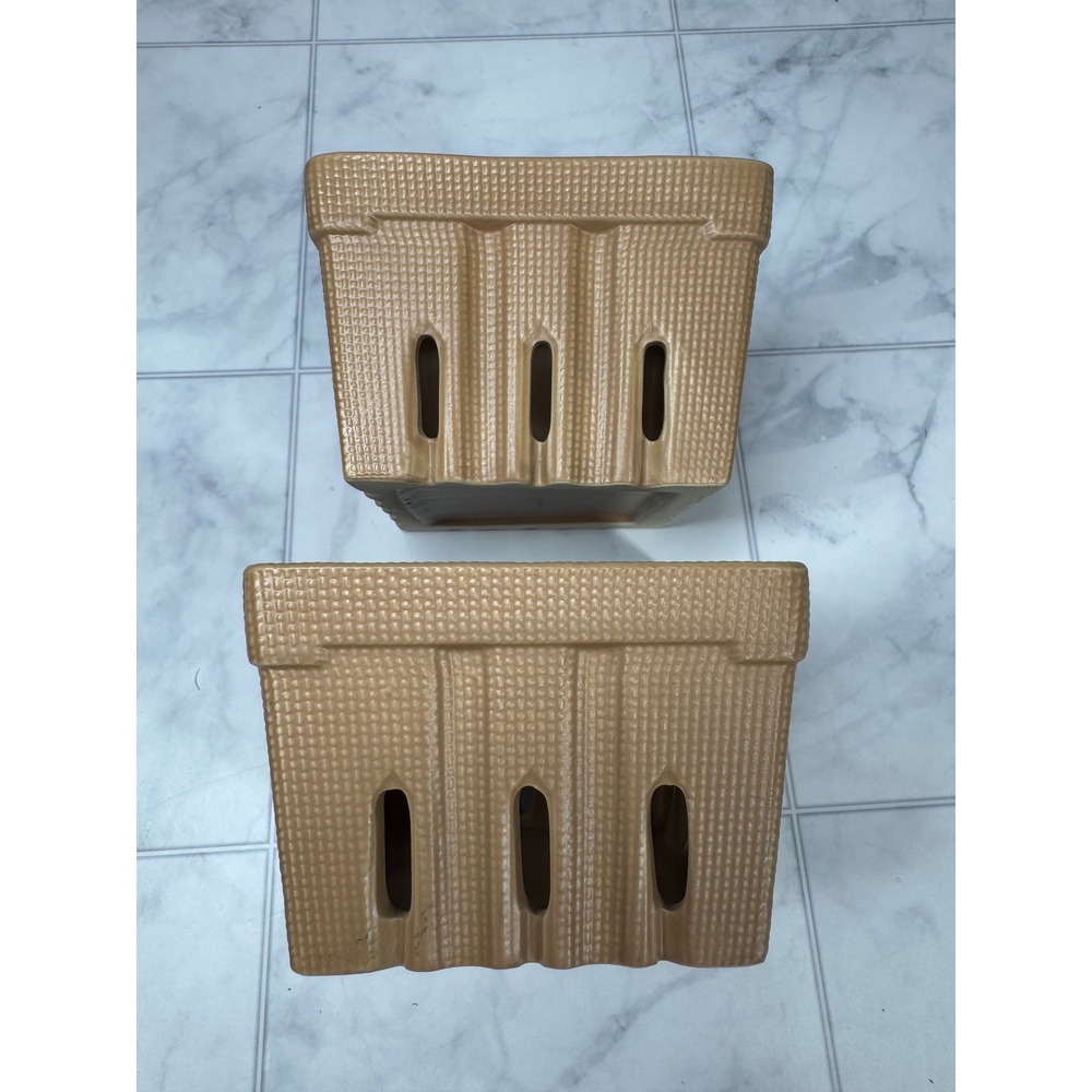 Tan Ceramic Berry Baskets Set of 2 Square Fruit Colander Bowls Farmhouse Decor